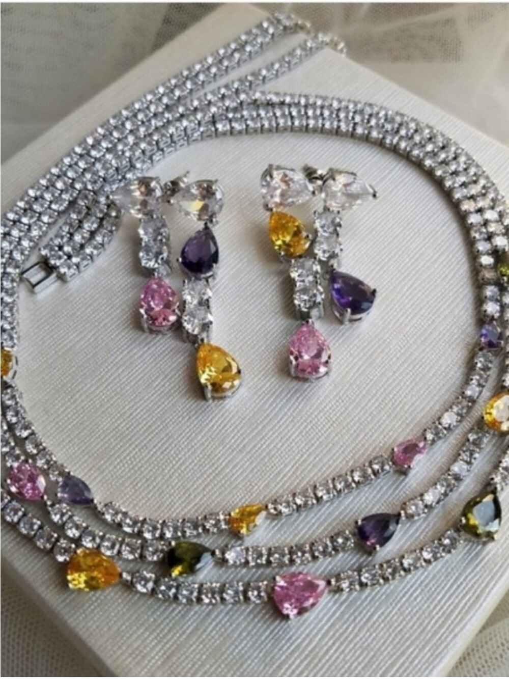 Swarovski Elements Teardrop Pink Purple & Yellow Gem Layered Necklace NEW - Picture 7 of 17